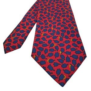 YVES SAINT LAURENT Red‎ Blue Tulip 100% Silk Tie Made in Italy 55.5"-3.75"